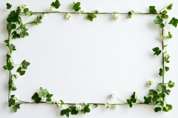 Fototapeta premium A minimalist rectangular frame with a single strand of green ivy and small white blossoms on a white background