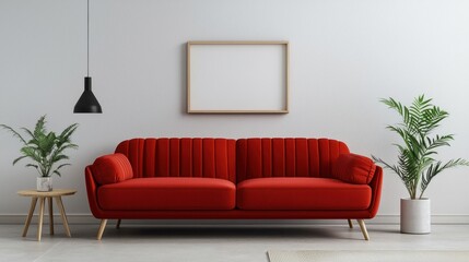 A modern interior featuring a vibrant red sofa, minimalist decor, a pendant light, and potted plants against a light wall.