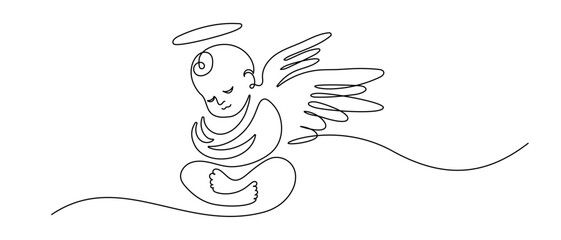 Beautiful Angel Baby in one continuous line drawing. Christmas cherub and easter symbol in simple linear style. Elegance logo editable stroke. Doodle vector illustration