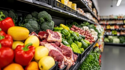 Obraz premium A vibrant grocery aisle featuring fresh vegetables, fruits, and cuts of meat, showcasing a variety of colors and textures for healthy shopping choices.