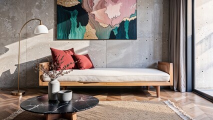 Generative AI, Tranquil living room corner with a suspended daybed and bold artistic accents