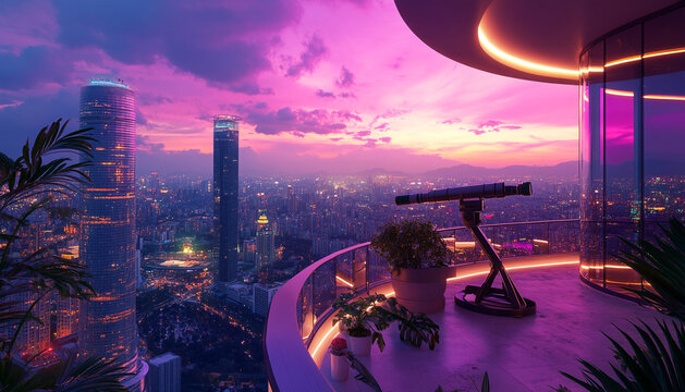 Chic observation deck with a telescope and vibrant cityscape at dusk - Powered by Adobe