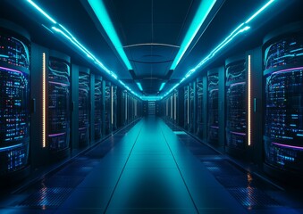 Fototapeta premium Computer Security Network Server Room with Cloud Storage Servers. 3D Illustration of Data Center Server Racks