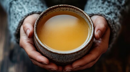 Warm hands holding a bowl of golden broth. Perfect for blogs on comfort food, wellness, or autumn themes.