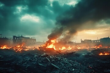 Obraz premium Fiery Cityscape with Burning Ruins Engulfed in Smoke Plumes