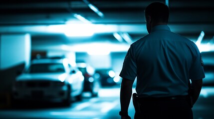 A security officer surveys a dimly lit parking garage.