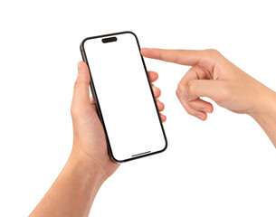 Hand using smartphone and pointing at blank white screen isolated on white background. Business, finance and technology concept. Premium high quality images.
