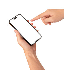 Hand using smartphone and pointing at blank white screen isolated on white background. Business, finance and technology concept. Premium high quality images.