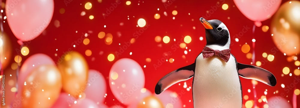 Poster a penguin in a glittering bowtie, surrounded by balloons and sparkling lights with a bright red back