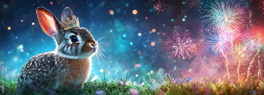 Poster a fluffy bunny with a tiara, standing on a patch of grass with multicolored fireworks in the sky and