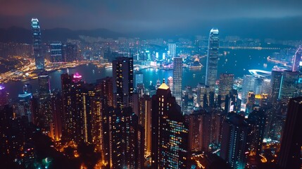 Fototapeta premium Night cityscape, aerial view of skyscrapers and harbor.