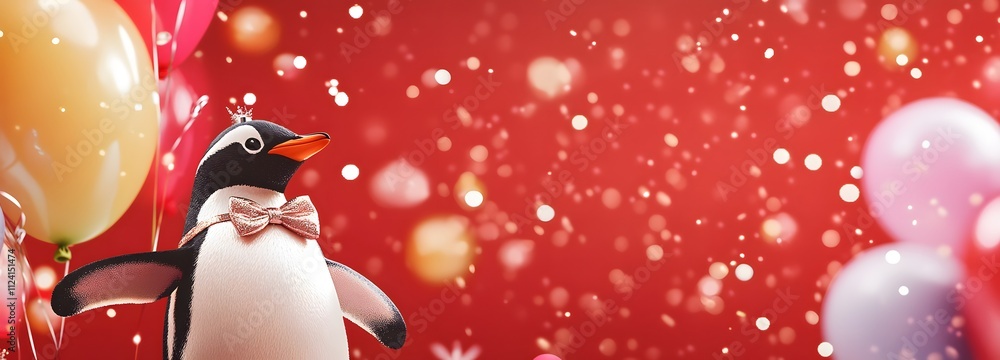 Poster a penguin in a glittering bowtie, surrounded by balloons and sparkling lights with a bright red back