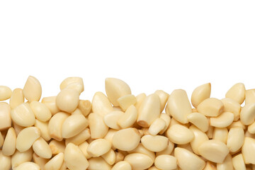 Peeled garlic cloves isolated on white background, Top view