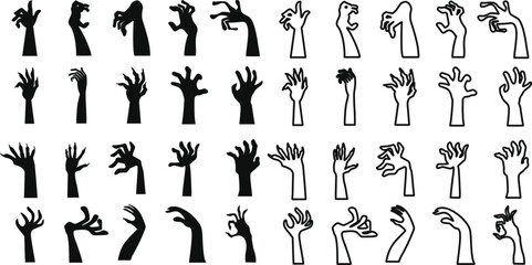 Zombie hands silhouette. Creepy zombie crooked lambs stick out of graveyard ground vector illustration set. Halloween zombie hands. horror scrawny