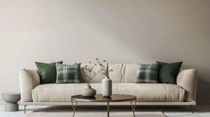 Timeless Minimalism Living Room with Beige Sofa, Classic Coffee Table, and Elegant Green Accents 