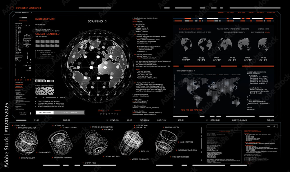 Poster HUD interface, futuristic cyberspace dashboard with 3D elements and online scanning earth globe. Military security system HUD, dashboard screen tracking system, UI, UX, GUI Sci-fi elements. Vector