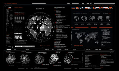 HUD interface, futuristic cyberspace dashboard with 3D elements and online scanning earth globe. Military security system HUD, dashboard screen tracking system, UI, UX, GUI Sci-fi elements. Vector © SergeyBitos