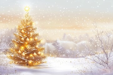 A realistic Christmas background featuring a snowy winter landscape with a golden