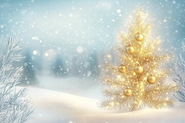 A realistic Christmas background featuring a snowy winter landscape with a golden