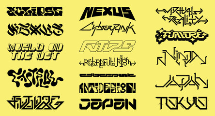 Modern stylish inscriptions, slogans, futuristic lettering, modern calligraphy, digital art. Futuristic y2k inscriptions for clothing design, logo, typography. Vector typeface, digital lettering art