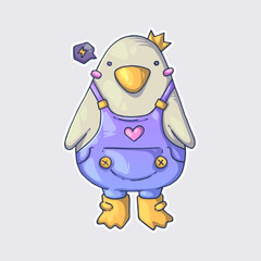 A goose in a jumpsuit and yellow boots. Cartoon vector character. Trendy style. Vector illustration.