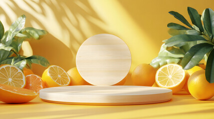 3D Empty wooden round podium on colorful yellow and orange background surrounded by orange fruits. Displays, bases for serving beverage and food products