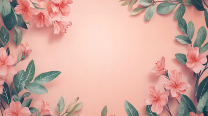 Cute watercolor floral frame background with pink flowers and green leaves bordered on light pastel peach colored paper.