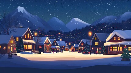 cartoon Snowy Winter Night in a Cozy Mountain Village with Illuminated Houses