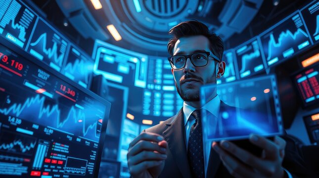 A businessman analyzes data in a high-tech financial environment.