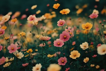 Vibrant cosmos flowers in various colors bloom in a field. This image is perfect for showcasing springtime, nature, or floral themes, evoking feelings of beauty and serenity.