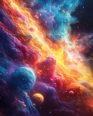 abstract cosmic dance of planets amid vibrant clouds of blue, orange, and pink hues