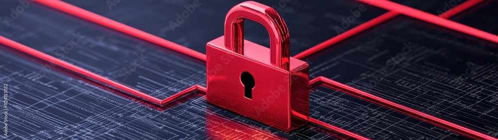 Poster secure network representation featuring red padlock on digital background, symbolizing cybersecurity