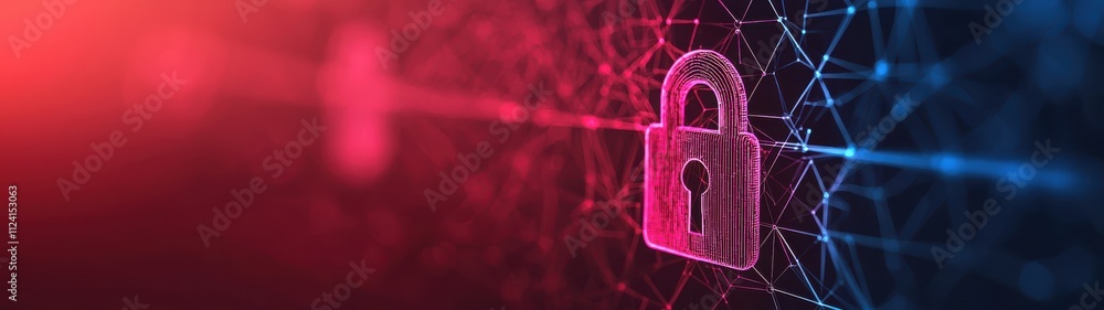 Poster visual representation of secure network featuring digital lock symbol, showcasing vibrant colors and
