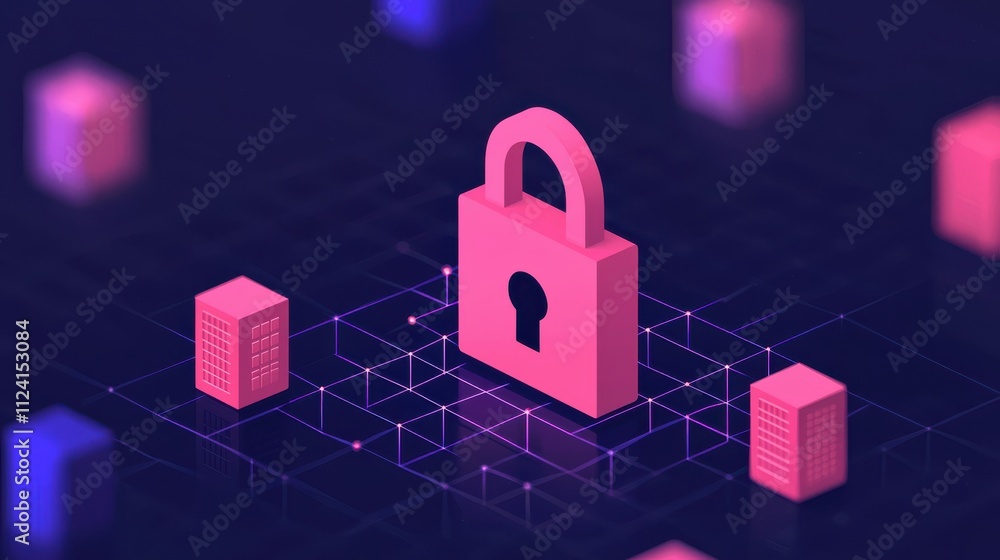 Poster secure network representation featuring pink padlock surrounded by buildings and geometric shapes, s