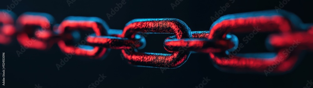 Poster close up view of metallic chain with striking red and blue glow, symbolizing security and strength. 
