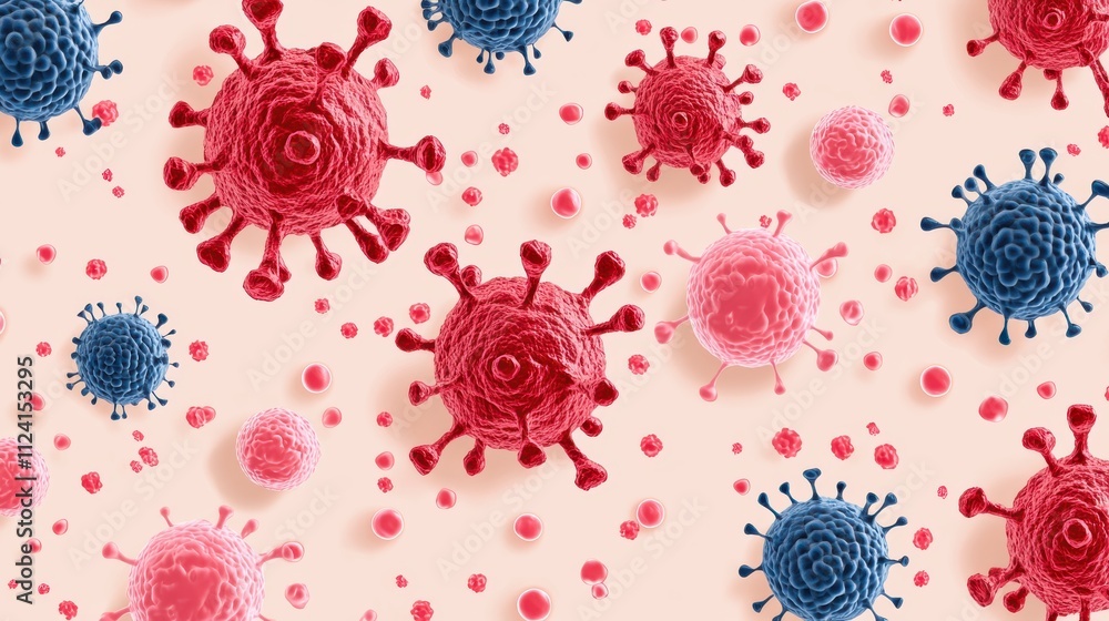Poster colorful illustration of various viruses, showcasing immune response with red and blue virus structu