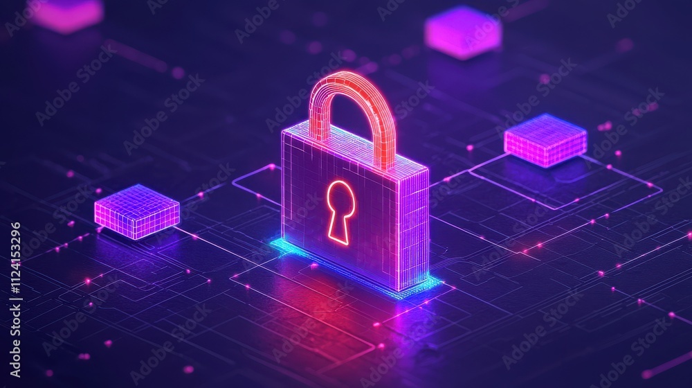Poster digital representation of secure network featuring glowing padlock, symbolizing cybersecurity and da