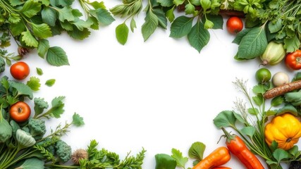 A creative frame made of fresh green leafy vegetables like spinach, lettuce, kale, and arugula, set against a white background, elements, leafy, variety