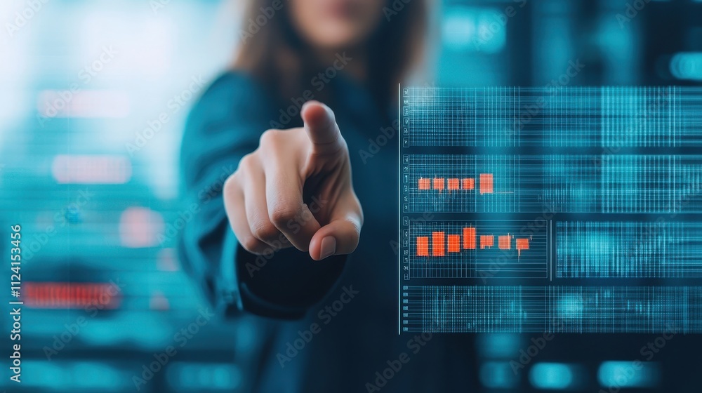Poster a person points at a digital interface, showcasing data visualization and technology.