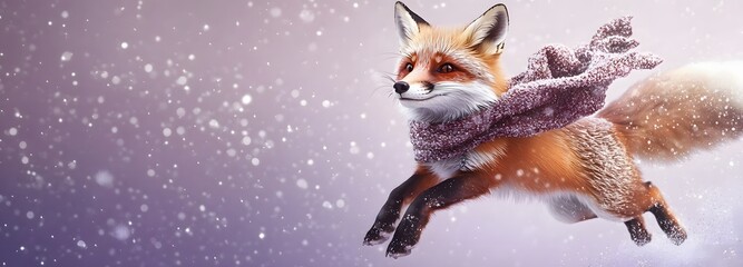 Fototapeta premium A fluffy fox in a festive scarf, jumping through a shower of sparkles against a light purple background, large space for text