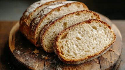 Freshly baked sourdough bread, sliced and resting on a wooden board, showcasing its crusty exterior and soft interior. Perfect for sandwiches or toast.