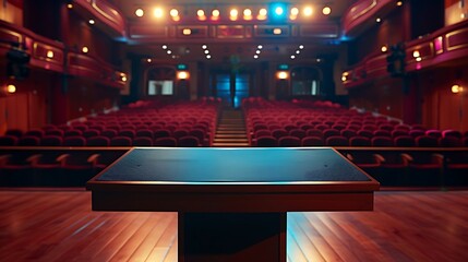 Elegant podium with a backdrop of a well lit auditorium