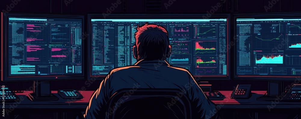 Poster a person monitors multiple screens displaying data and graphs, immersed in an analytical environment
