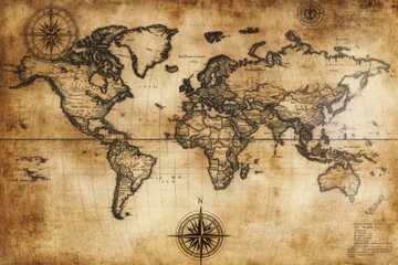 Obraz premium Exploring a vintage world map with intricate details historical significance artistic representation nostalgic environment birds-eye view captivating concept of maps