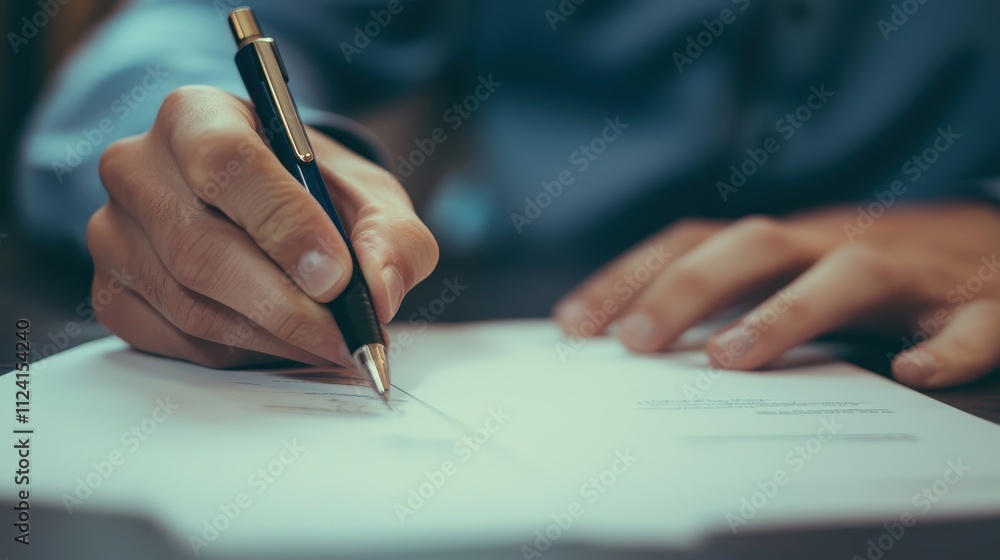 Poster a hand holding a pen writes on a sheet of paper, suggesting action and focus on documentation or not