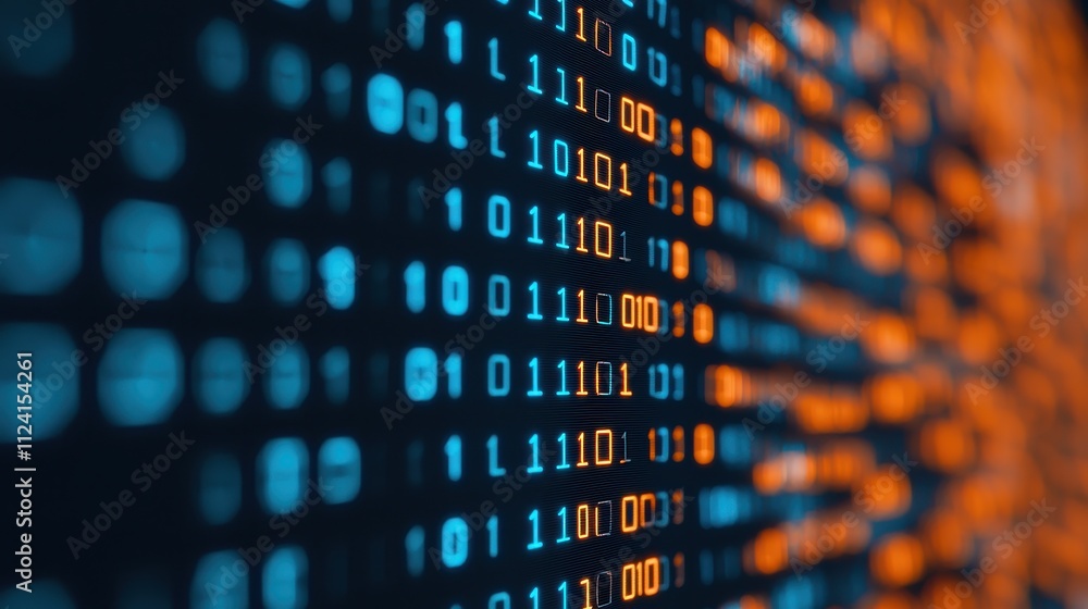 Poster a close-up of digital binary code in vibrant blue and orange colors, representing data processing an