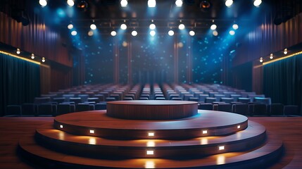 Obraz premium Elegant podium with a backdrop of a well lit auditorium