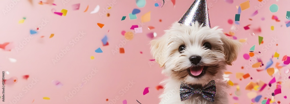 Aufkleber a fluffy puppy wearing a sparkly bowtie and party hat, surrounded by colorful confetti with a soft p