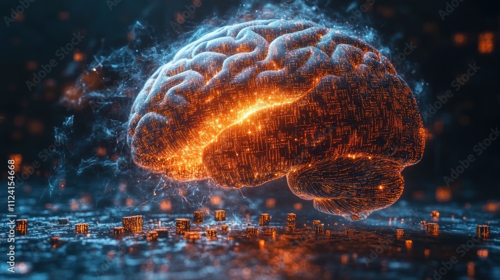 Poster abstract representation of a glowing brain with digital elements.