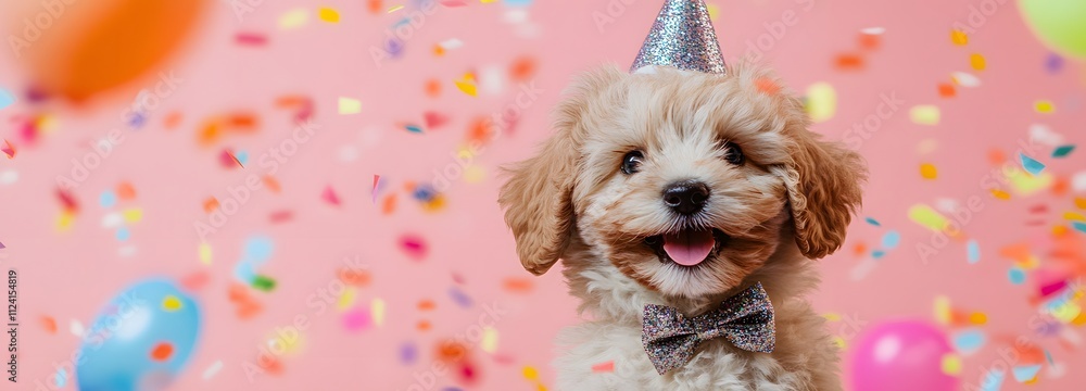 Aufkleber a fluffy puppy wearing a sparkly bowtie and party hat, surrounded by colorful confetti with a soft p